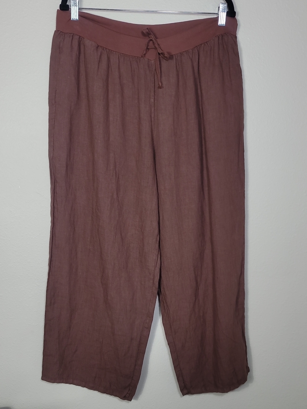 FLAX 100% Linen Wide Leg Cropped Pants Size Large Brown Lagen